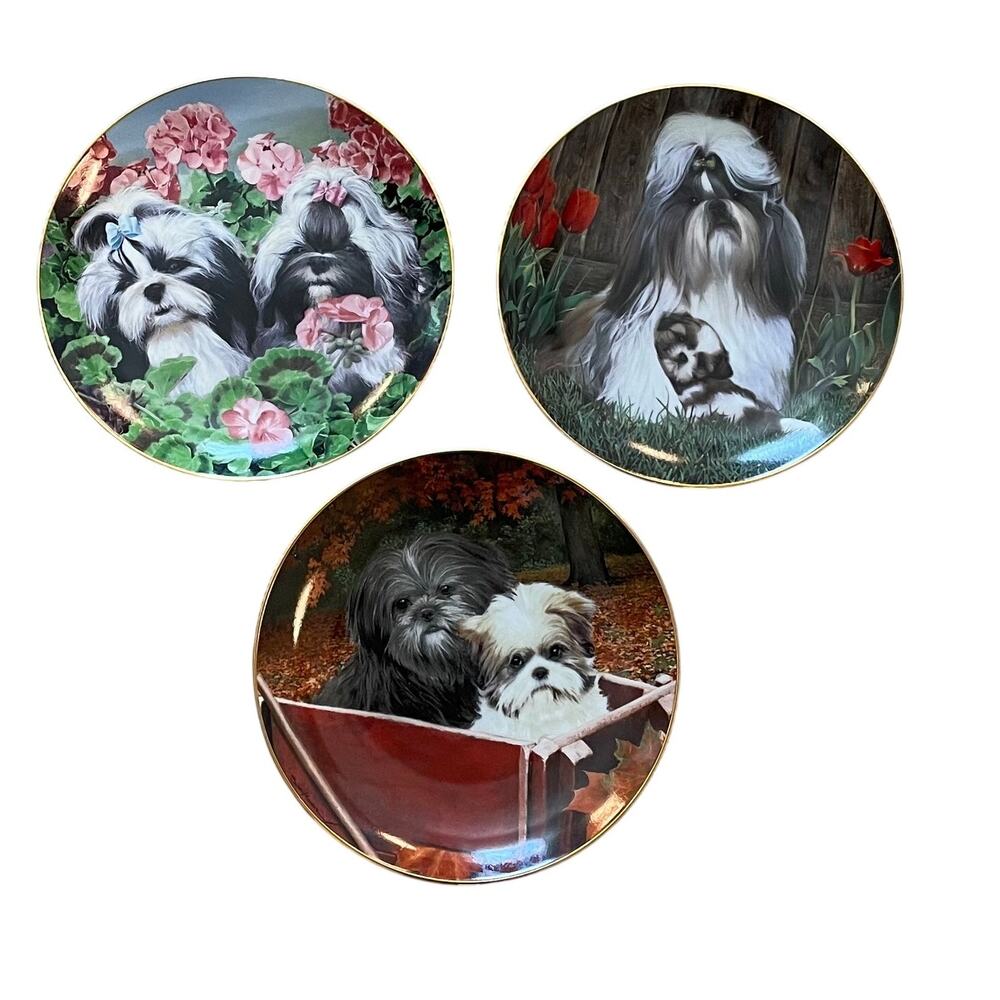 Set of 3 Danbury Mint Collectible Plates by Simon Mendez "Shih Tzu" Collection